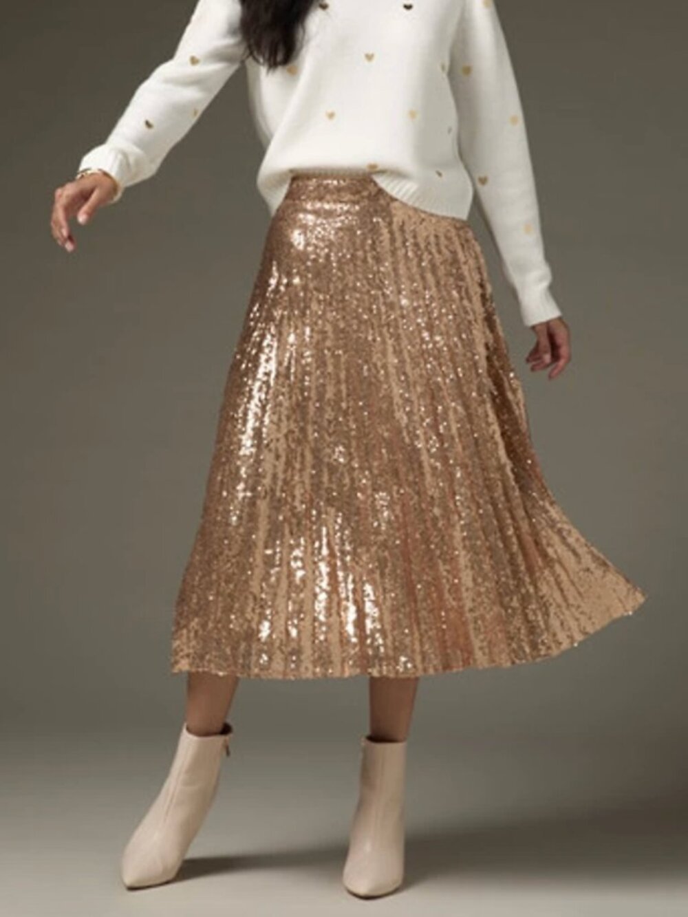 Francesca's Dana Allover Gold Sequin Pleated Midi Skirt NWT
